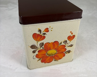 Scatola portaoggetti quadrata in metallo con motivo floreale vintage, marrone, arancione e crema, prodotta in Giappone. Beneficenza.