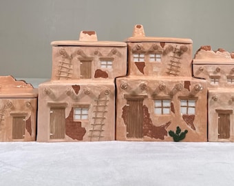 Southwestern keramische jerrycans Set van 4 Adobe Pueblo Houses VTG Jars 80 Jars Chrty