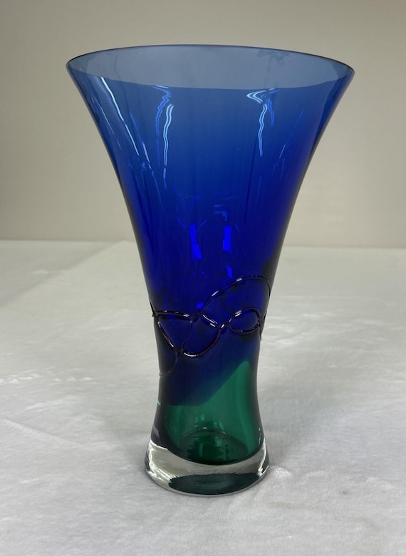 Makora Krosno Poland Hand Blown Cobalt Blue & Green Trumpet Art