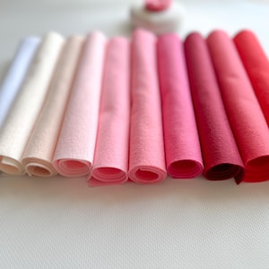 May include: A set of ten felt sheets in various shades of pink, from white to red, rolled up and arranged in a gradient.