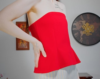 Women&#39;s corset top – tomato red, made of Italian double-face wool, handmade in Germany, unique piece, size 38, with ball buttons