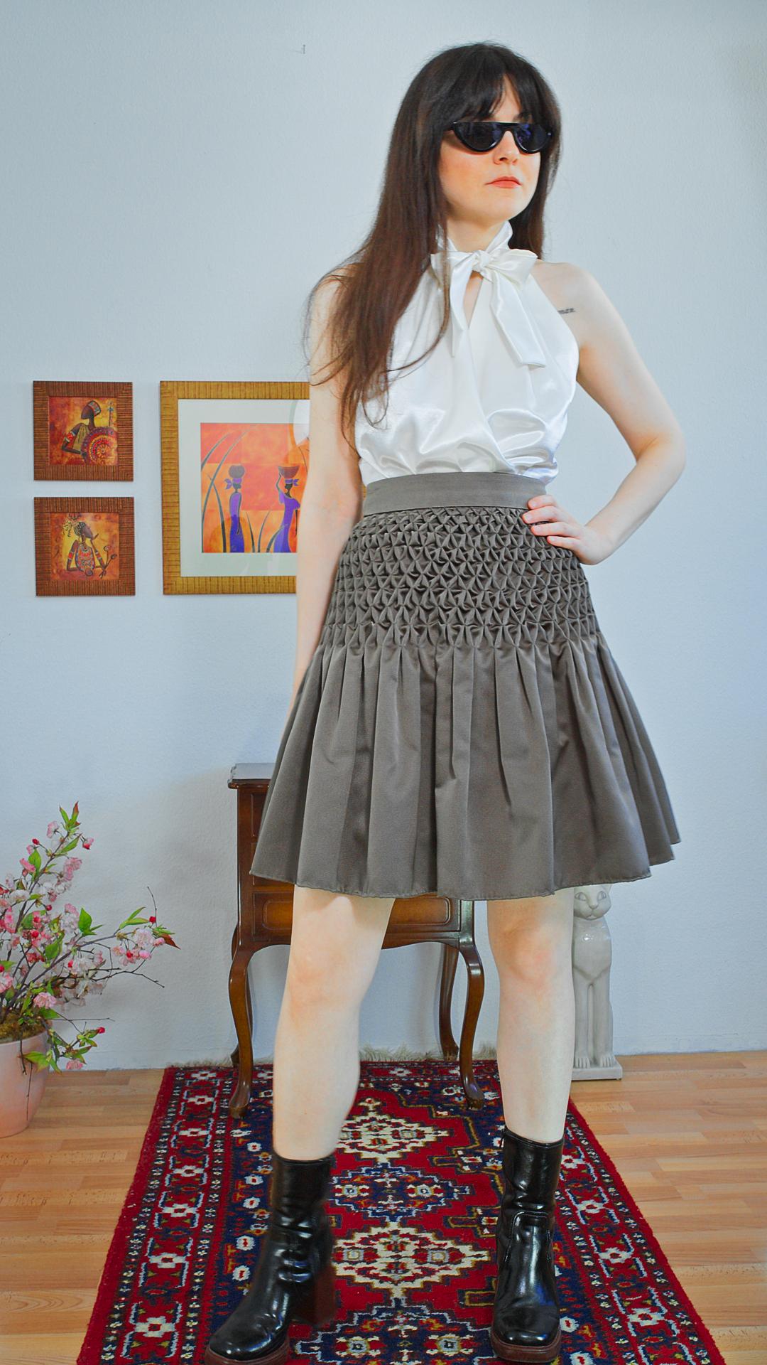 Unique silk skirt for women – handmade from 100% Italian silk, smocking pleats, sustainable, olive green, size 38