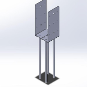 May include: A silver-colored metal post base with a U-shaped top and four cylindrical legs. The top section has multiple circular holes for mounting. The base is designed to support a vertical post.