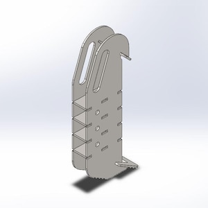 May include: A grey metal bracket with a geometric design. It features cut-out sections and holes, with a curved top and a base with a triangular support. The design is likely for structural purposes, possibly in engineering.