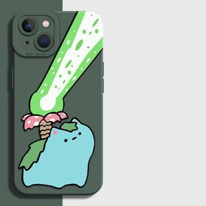 May include: A dark green phone case featuring a cartoon illustration of a blue creature with a green and white design above it. The case has a dual camera and a smooth finish.