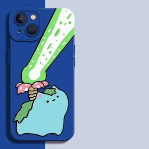 May include: A blue phone case featuring a cartoon illustration of a blue creature with green leaves and a pink flower. A green and white design is above the creature. The phone case has a dual camera.