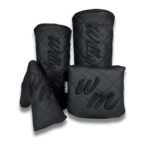 May include: Set of four black quilted golf headcovers with the word "Willy Made" embroidered on each. The headcovers are designed for a putter, driver, fairway wood, and hybrid.