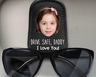 Custom Car Visor Sunglasses Holder, Personalized Kids Photo PU Leather Magnetic Glasses Clip, Car Decoration Gift, Drive Safe Dad Gift