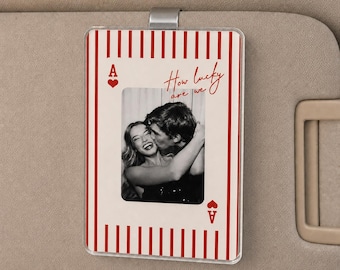 Personalized Striped Play Card Sun Visor Clip With Photo, Custom Couples Photo Car Visor Clip, Drive Safe Gift For Boyfriend, Husband