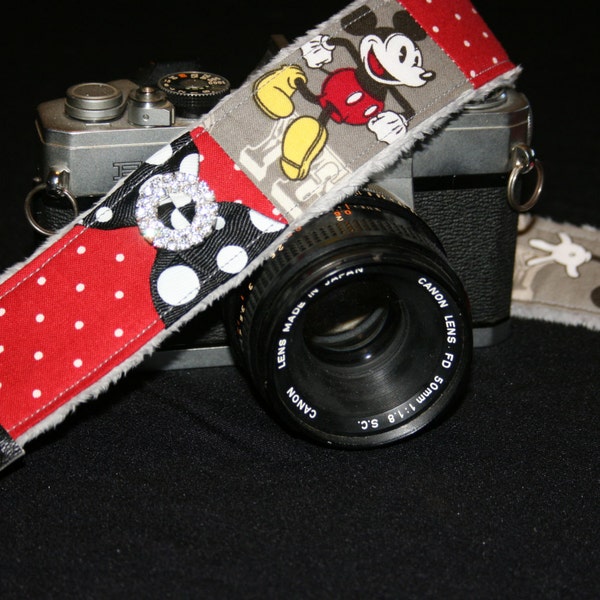 DSLR Camera Strap Patchwork and Rhinestones with Quick Release - Made with Micky Mouse Disney Fabric