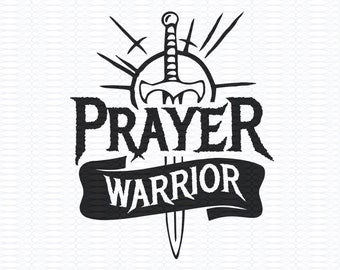 May include: Black and white graphic design of a sword with the words "Prayer Warrior" in a banner around the sword.