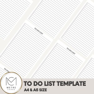 Pode incluir: Um modelo de lista de tarefas imprimível nos tamanhos A4 e A5. O modelo tem um design simples com as palavras "To Do List" no topo de cada página.