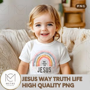May include: A smiling child wearing a white t-shirt with a rainbow design. The shirt features the words "WAY TRUTH LIFE JESUS" in a stylized font. The image also includes the text "JESUS WAY TRUTH LIFE HIGH QUALITY PNG".