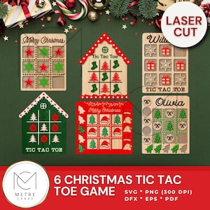 May include: A collection of six laser-cut Christmas-themed Tic Tac Toe games. The games feature festive designs like Christmas trees, stars, and gift boxes. Each game board is a different color and shape, with the words "Merry Christmas" and names on some.