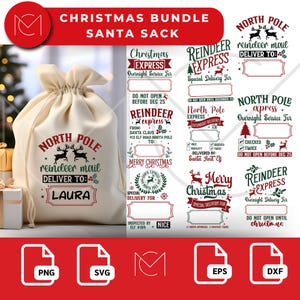 May include: A beige Santa sack with the text "North Pole reindeer mail DELIVER TO: LAURA" in red and green. The image also includes various Christmas-themed labels with text like "Christmas Express" and "Reindeer Express".