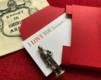 Heirloom Quality Letterpress Printed Love Cards with Pewter Knight and Fabric Gift Bag