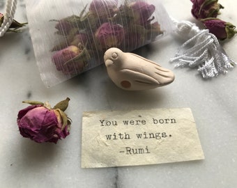 Born With Wings Clay Bird Scroll with Organic Rosebuds and Gift Bag