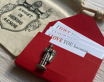 Heirloom Quality Letterpress Printed Love Cards with Pewter Knight and Fabric Gift Bag