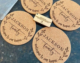 Family Name Custom Coasters Set | Welcome to Our Home Personalized Cork Coasters | Set of 4 Custom Cork Coasters | Wedding Coasters 1078