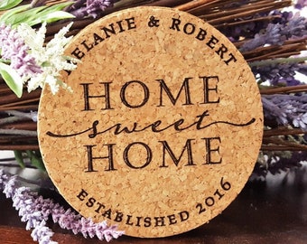Home Sweet Home Coasters Set | Housewarming Cork Coasters with Names and Date | Newlywed Coasters Set of 4 Custom and Personalized  (258)