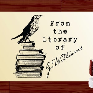 Bird on Books Personal Stamp Ex Libris / From the Library of Custom Self Inking Stamp Personalized Library Preink Stamper Style 1571 image 1