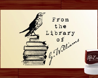 Bird on Books Personal Stamp Ex Libris / From the Library of Custom Self Inking Stamp - Personalized Library Preink Stamper - Style 1571