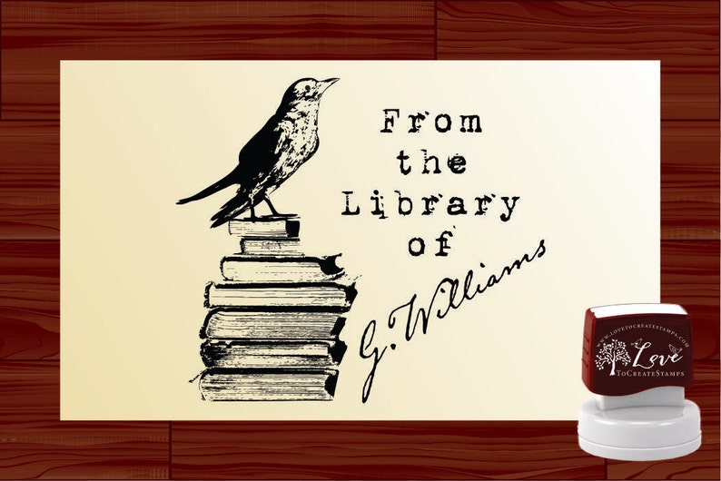 Bird on Books Personal Stamp Ex Libris / From the Library of Custom Self Inking Stamp Personalized Library Preink Stamper Style 1571 image 1