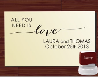 SAVE the DATE Wedding stamp with All You Need Is Love or custom phrase Stationery Stamper  style 6054