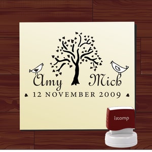 Save the Date Calligraphy Name Self Inking Stamp Lovebirds under Love Tree Cute Rubber Stamp Calligraphy Wedding Stamp 1209 image 1
