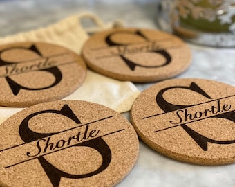 6-Pack Monogram Coaster Set | Personalized Cork Coasters with Monogram Initial and Name | Custom Cork Coasters | Wedding Coasters 202