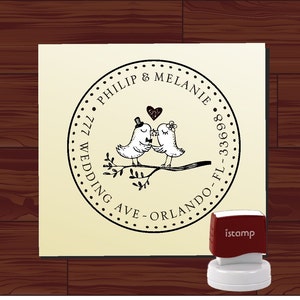 Custom Address Stamp / Round Address Stamp Self Inking / Love Birds on Branch / RSVP address stamp / DIY return address stamping HS1295B image 1