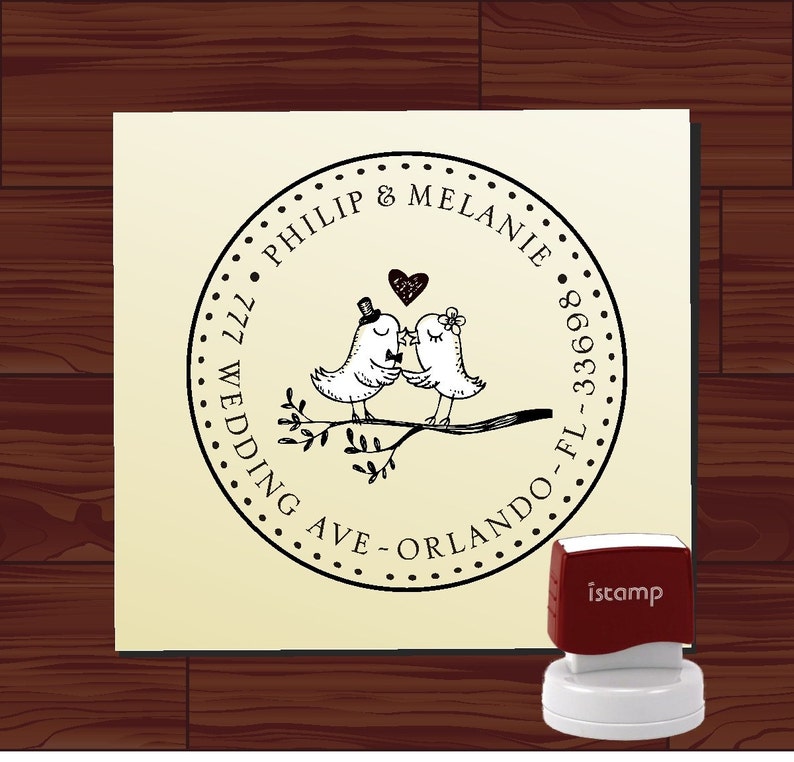 Custom Address Stamp / Round Address Stamp Self Inking / Love Birds on Branch / RSVP address stamp / DIY return address stamping HS1295B image 1