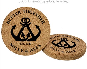 Better Together Anchors Personalized Anniversary Cork Coasters | Set of 4 Custom Cork Coasters, Save the Date Coasters,Wedding Coasters 1079