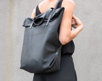 minimal backpack- multipurpose shopper, black artificial leather
