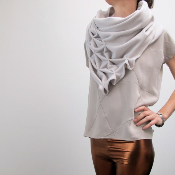 geometric wool shawl - superwarm sculptural wrap - triangular, creme, offwhite