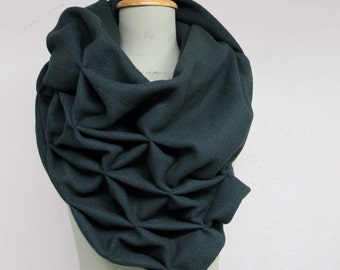 geometric wool shawl emerald - superwarm sculptural wrap - triangular 100% wool scarf in dark green