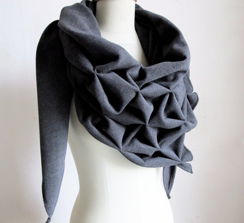 geometric origami wool shawl superwarm sculptural wrap triangular 100% wool scarf in grey image 2