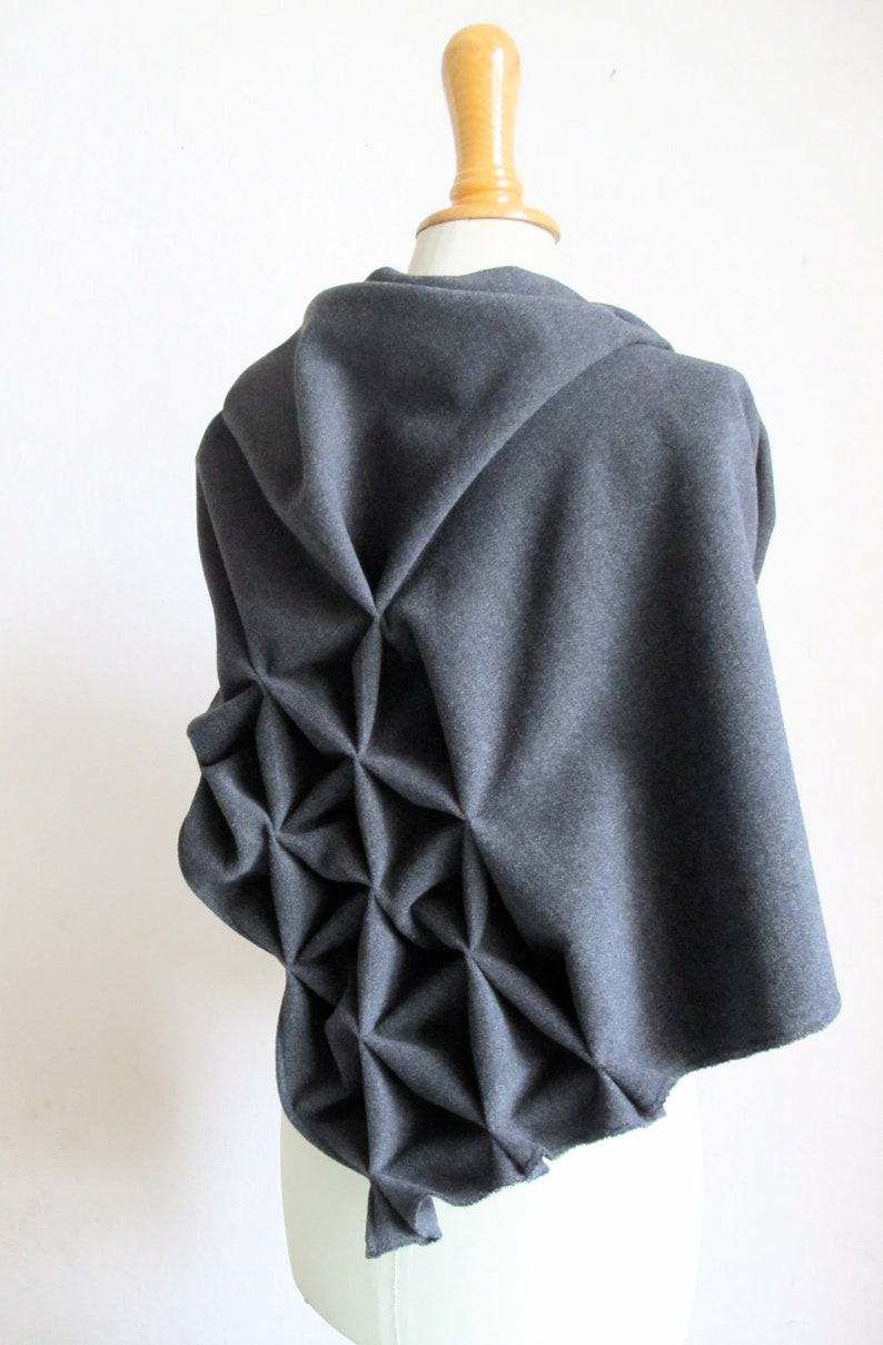 geometric origami wool shawl superwarm sculptural wrap triangular 100% wool scarf in grey image 4