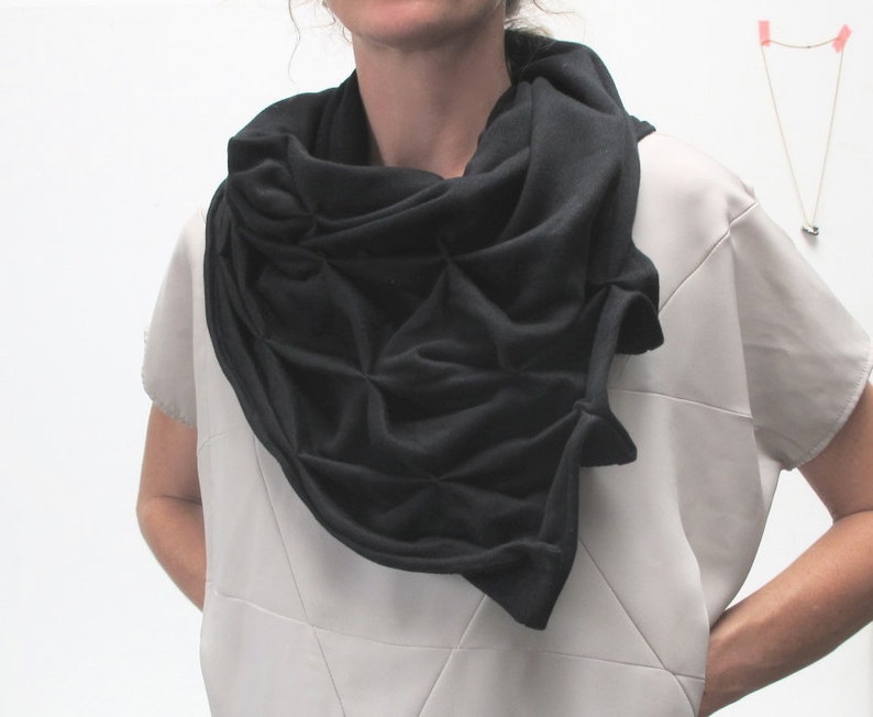 geometric cotton shawl sculptural wrap triangular, sweatshirt fabric in black image 2