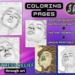 Six sample pages with detailed female portraits, emphasizing the product's benefits: instant download, unique printable PDF, and versatility for various coloring tools. Gradient of purple and pink, with bold text highlighting key features.
