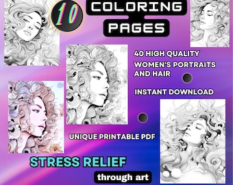 Coloring Pages Female Portraits Hair | Anti-Stress and Relaxation | Printable PDF | Instant Download | 8.5 * 11 in | 10 High-Quality Pages