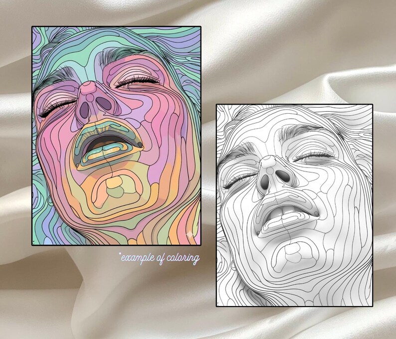 May include: Two framed art prints. One is a colourful, abstract portrait with pastel hues. The other is a black and white line drawing of the same face. The text "example of coloring" is below the colourful print.
