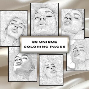 May include: A set of six black-framed art prints, each displaying a detailed line drawing of a woman's face. The prints surround a rectangular sign with the text "30 UNIQUE COLORING PAGES". The images are in black and white, suitable for coloring.