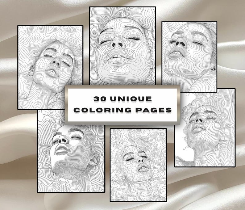 May include: A set of six black-framed art prints, each displaying a detailed line drawing of a woman's face. The prints surround a rectangular sign with the text "30 UNIQUE COLORING PAGES". The images are in black and white, suitable for coloring.