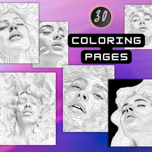 May include: A collection of 30 coloring pages featuring detailed line art portraits of faces. The faces are rendered with contour lines, creating a topographic effect. The words "COLORING PAGES" are displayed in bold, black text.