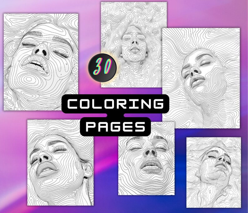 May include: A collection of 30 coloring pages featuring detailed line art portraits of a person's face. The images are in black and white, with contour lines creating a 3D effect. The words "COLORING PAGES" are displayed in a black box.