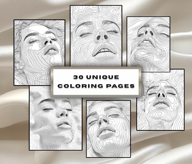 May include: Six black and white coloring pages with detailed line art portraits of faces with closed eyes. The text on the image reads "30 UNIQUE COLORING PAGES". The images are arranged on a cream-coloured background.