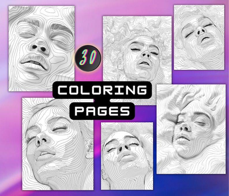 May include: A collection of 30 coloring pages featuring detailed line art portraits of faces. The images are in black and white, with contour lines creating a 3D effect. The text "COLORING PAGES" is displayed prominently.