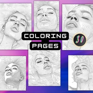 May include: A collection of six black and white coloring pages featuring detailed line art portraits of a person with closed eyes. The text "COLORING PAGES" is displayed in a black rectangle, and a circular badge indicates "30" pages.