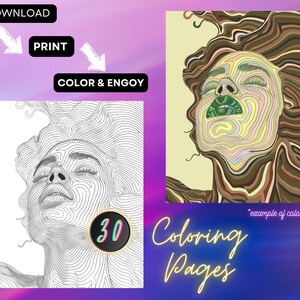 May include: Digital download of coloring pages featuring a stylized portrait of a person with closed eyes. The image includes the text "DOWNLOAD", "PRINT", and "COLOR & ENGJOY". An example of a colored version is shown.